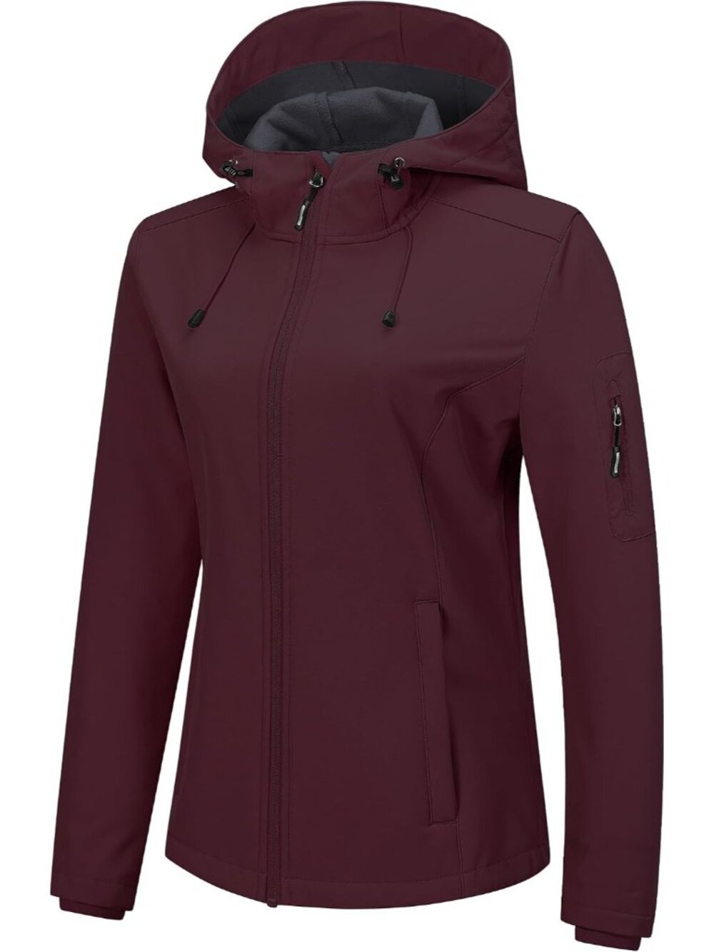 Women's Dark Red Cuff Sleeve Straight Hooded Zippered Pockets Ventures Jacket